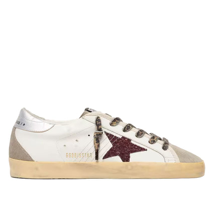 Golden Goose Women's Super Star with Burgundy Glitter Star and Silver Heel Tab