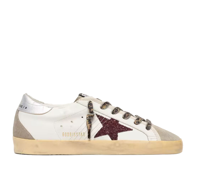 Golden Goose Women's Super Star with Burgundy Glitter Star and Silver Heel Tab