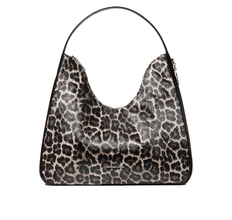 Michael Kors Women's Nayla Medium Leopard Print Calf Hair Hobo Shoulder Bag Black/Silver