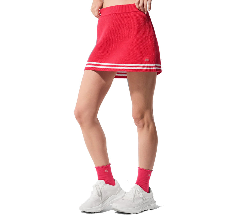 alo Women's Tennis Club Sweater Knit Skirt Candy Red/White