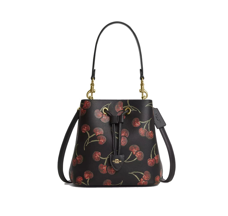 Coach Women's Rowan Bucket Bag With Cherry Print Gold/Black Multi