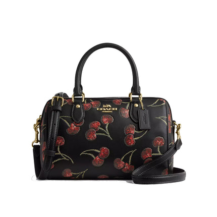 Coach Women's Rowan Satchel Bag With Cherry Print Gold/Black Multi