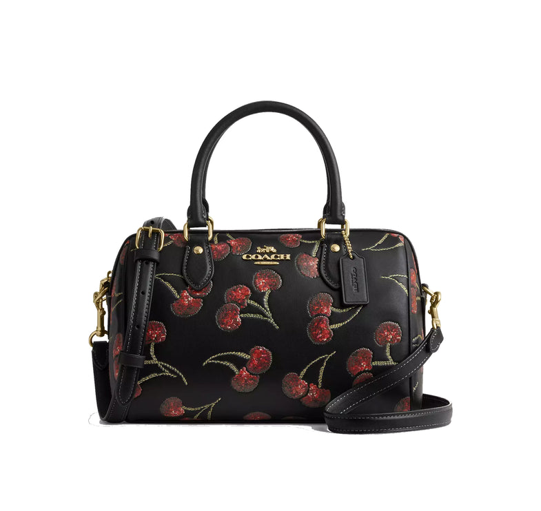 Coach Women's Rowan Satchel Bag With Cherry Print Gold/Black Multi