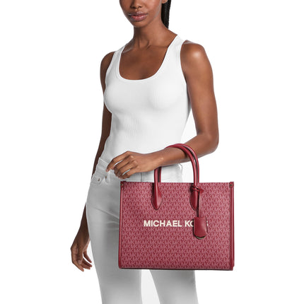 Michael Kors Women's Mirella Medium Metallic Signature Logo Tote Bag Cherry