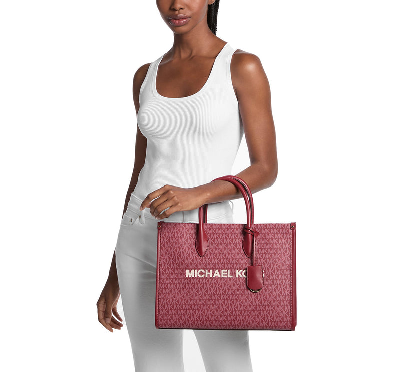 Michael Kors Women's Mirella Medium Metallic Signature Logo Tote Bag Cherry