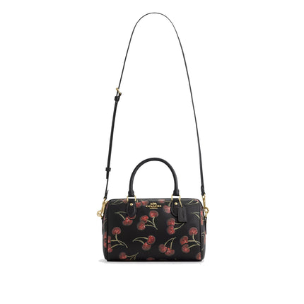 Coach Women's Rowan Satchel Bag With Cherry Print Gold/Black Multi