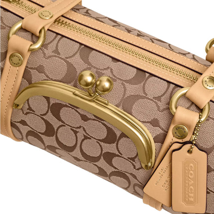 Coach Women's Kisslock Barrel Bag 28 In Signature Jacquard Brass/Khaki Light Peach