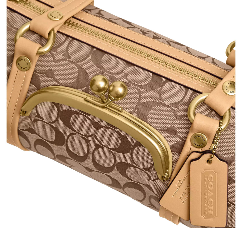 Coach Women's Kisslock Barrel Bag 28 In Signature Jacquard Brass/Khaki Light Peach