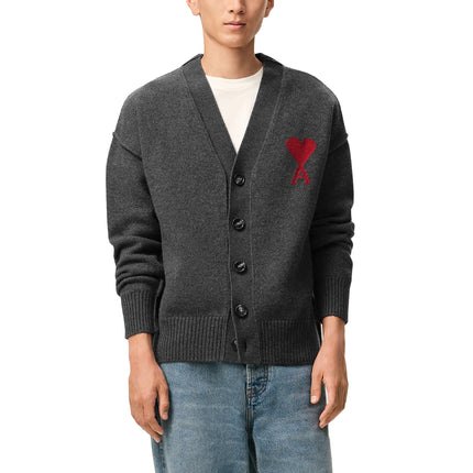 AMI Alexandre Mattiussi Unisex Ami de Coeur Wool Cardigan Heather Grey/Red
