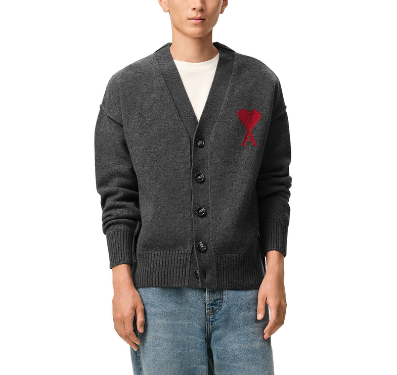 AMI Alexandre Mattiussi Unisex Ami de Coeur Wool Cardigan Heather Grey/Red