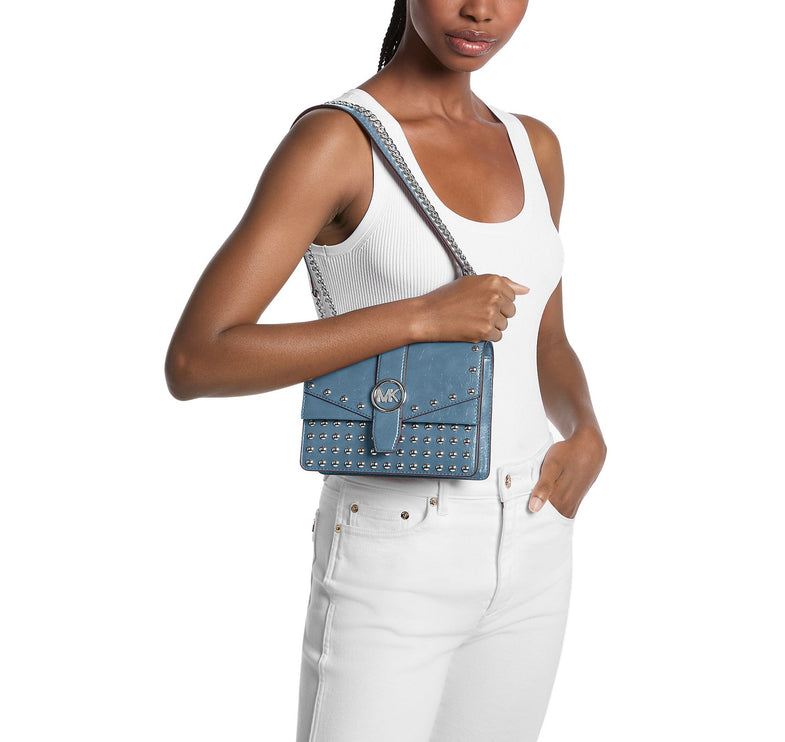 Michael Kors Women's Greenwich Small Studded Distressed Crossbody Bag Cornflower