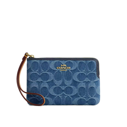 Coach Women's Corner Zip Wristlet In Signature Denim Gold/Indigo