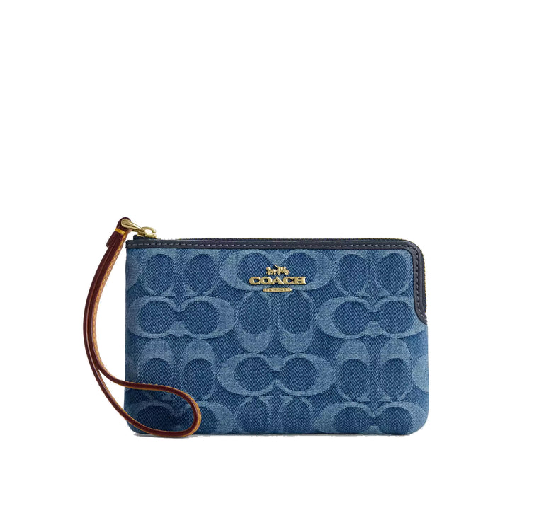 Coach Women's Corner Zip Wristlet In Signature Denim Gold/Indigo