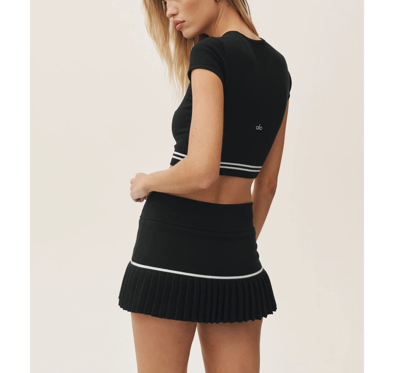 alo Women's Cotton Cashmere High-Waist My Serve Tennis Skirt Black/White