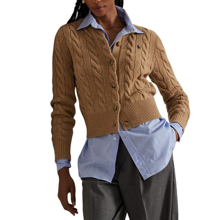 Polo Ralph Lauren Women's Cable-Knit Wool-Cashmere Cardigan Authentic Collection Camel Melange