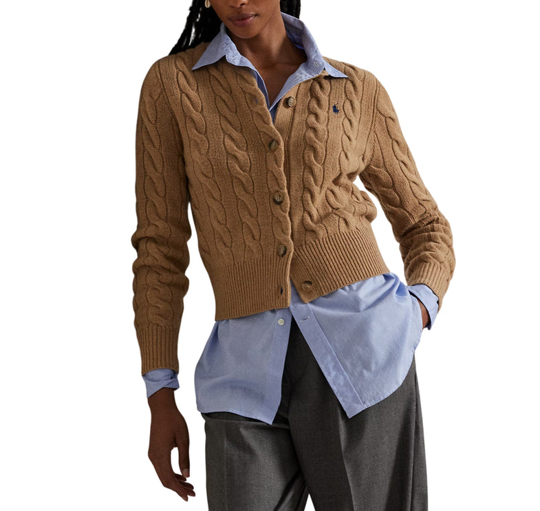 Polo Ralph Lauren Women's Cable-Knit Wool-Cashmere Cardigan Authentic Collection Camel Melange