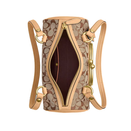 Coach Women's Kisslock Barrel Bag 28 In Signature Jacquard Brass/Khaki Light Peach