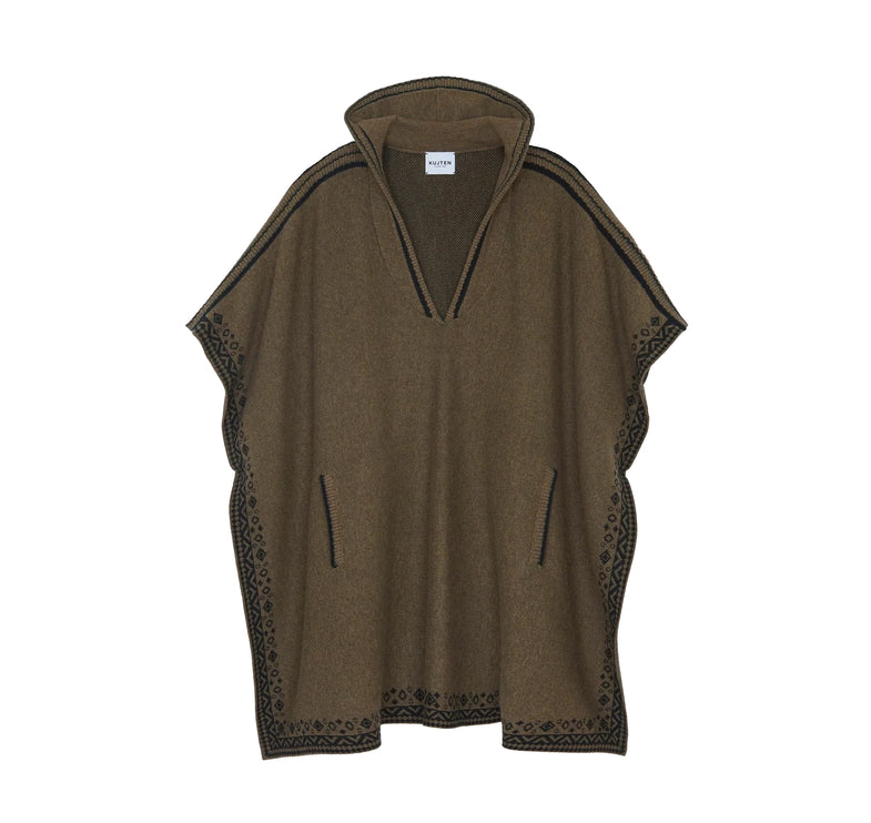 KUJTEN Women's Jacquard Hooded Cashmere Poncho Ines Moss Khaki