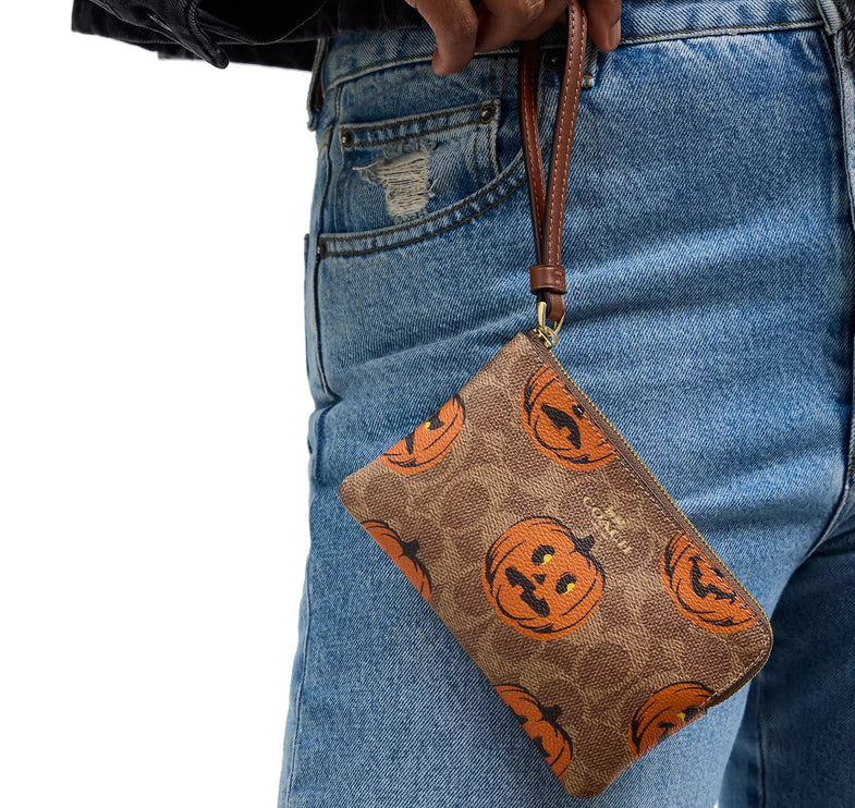 Coach Women's Corner Zip Wristlet In Signature Canvas With Halloween Print Gold/Tan Multi