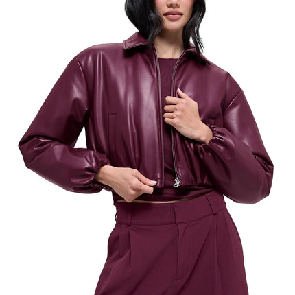 alo Women's Faux Leather Cropped Premier Bomber Burgundy
