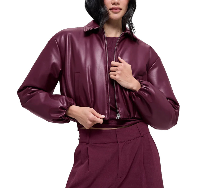 alo Women's Faux Leather Cropped Premier Bomber Burgundy