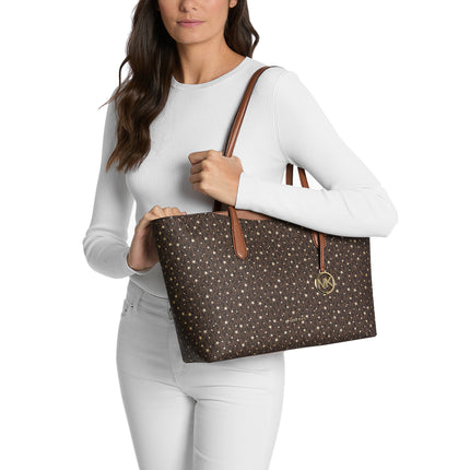 Michael Kors Women's Arden Large Printed Signature Logo Top-Zip Tote Bag Brown