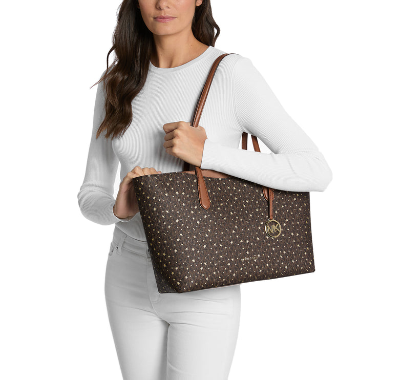 Michael Kors Women's Arden Large Printed Signature Logo Top-Zip Tote Bag Brown