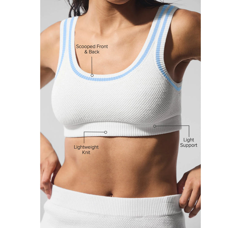 alo Women's Tennis Club Sweater Knit Bra White/Seashell Blue