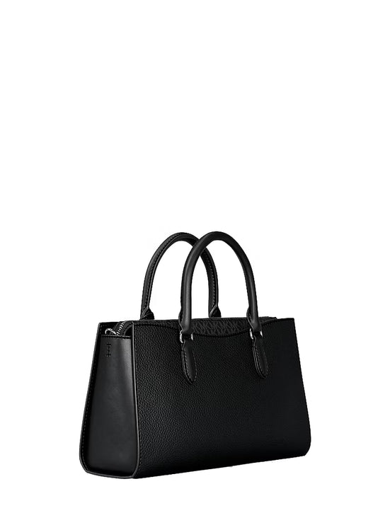 Michael Kors Women's Arden Medium Pebbled Leather and Signature Logo Top-Zip Satchel Bag Black/Silver