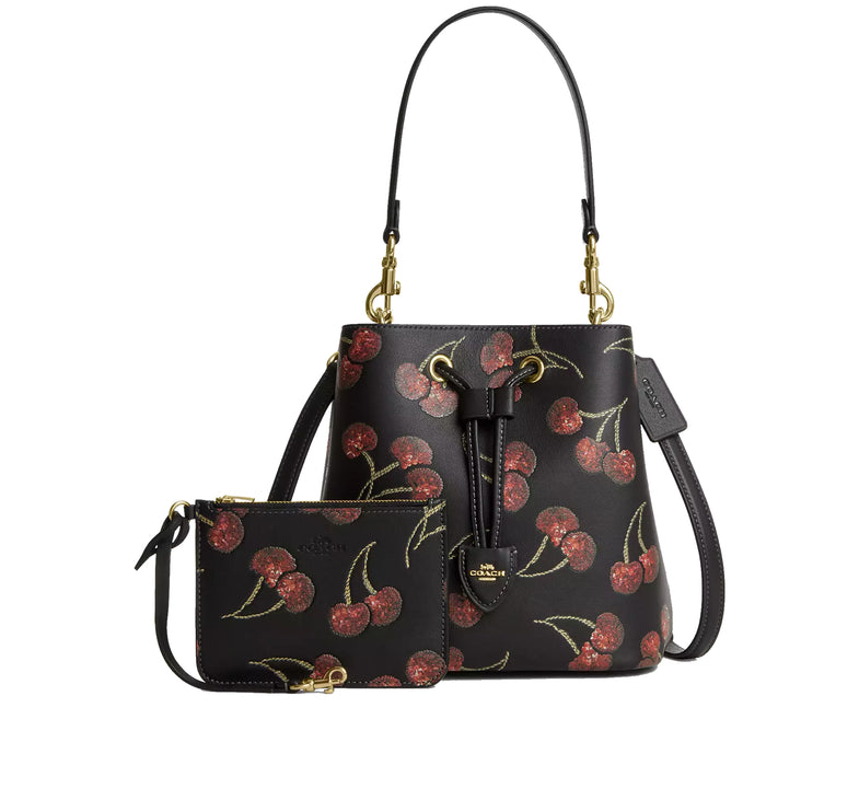 Coach Women's Rowan Bucket Bag With Cherry Print Gold/Black Multi