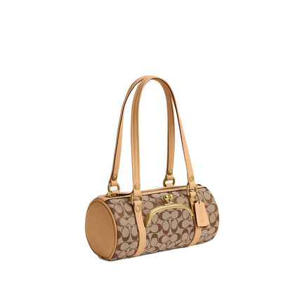 Coach Women's Kisslock Barrel Bag 28 In Signature Jacquard Brass/Khaki Light Peach
