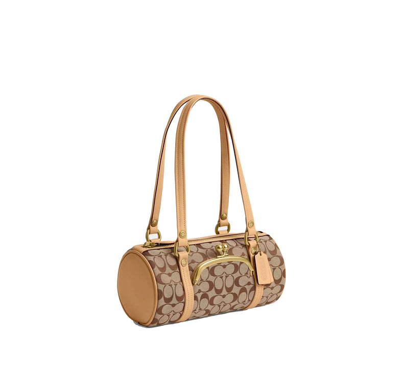 Coach Women's Kisslock Barrel Bag 28 In Signature Jacquard Brass/Khaki Light Peach
