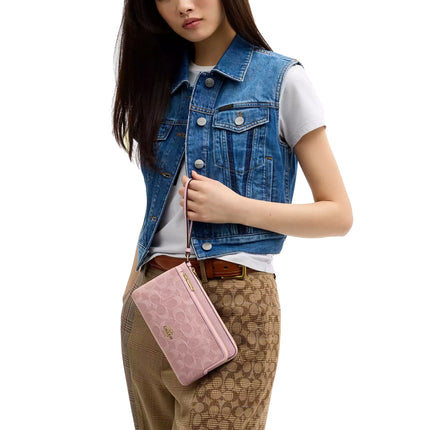 Coach Women's Double Zip Wallet In Signature Denim Gold/Light Pink