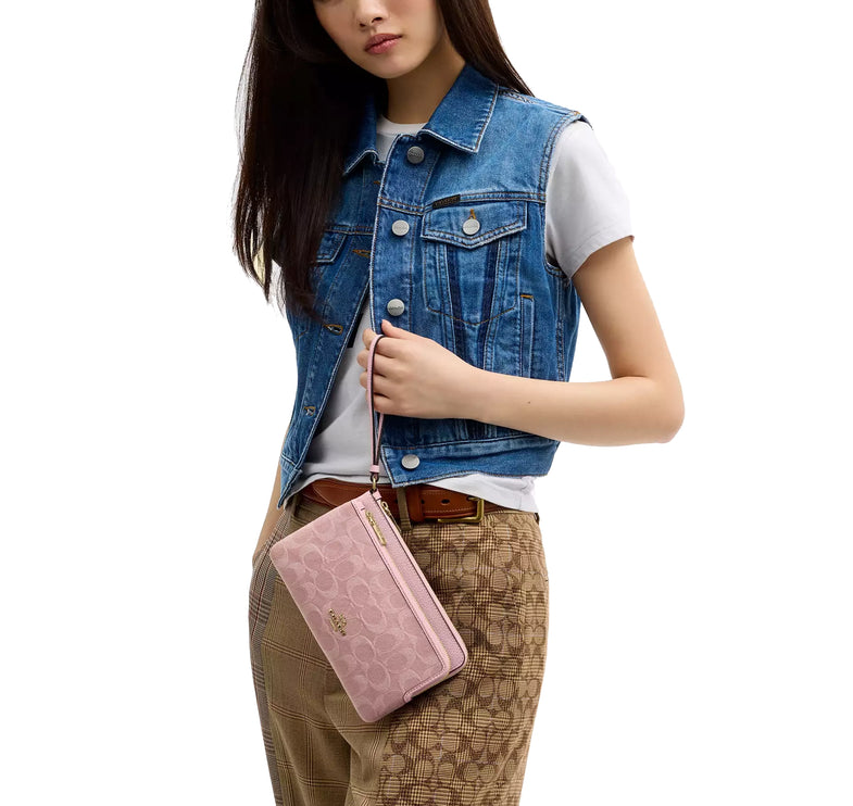Coach Women's Double Zip Wallet In Signature Denim Gold/Light Pink