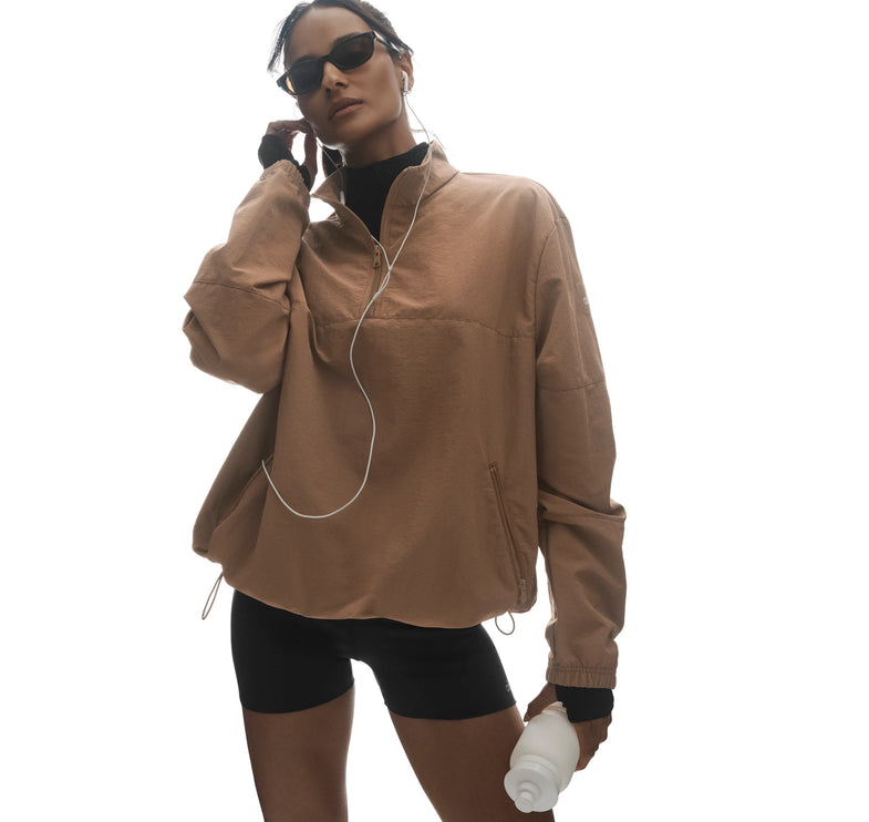 alo Women's Light Weight Takeaway Track Pullover Java Brown