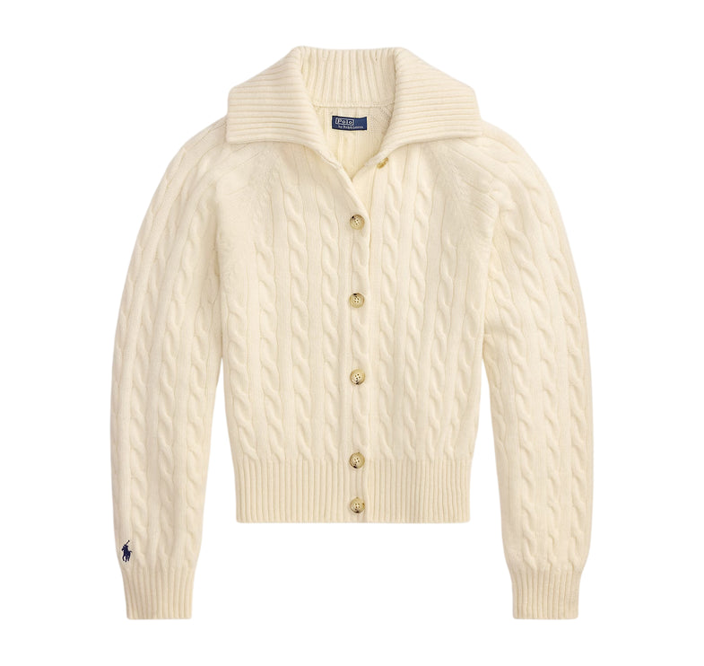 Polo Ralph Lauren Women's Cable Wool-Cashmere Collared Cardigan Authentic Cream
