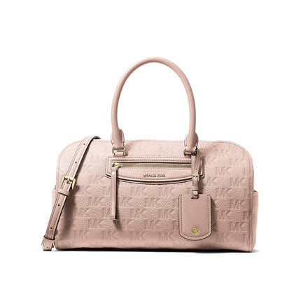 Michael Kors Women's Jet Set Travel Medium Logo Embossed Leather Duffel Crossbody Bag Soft Pink