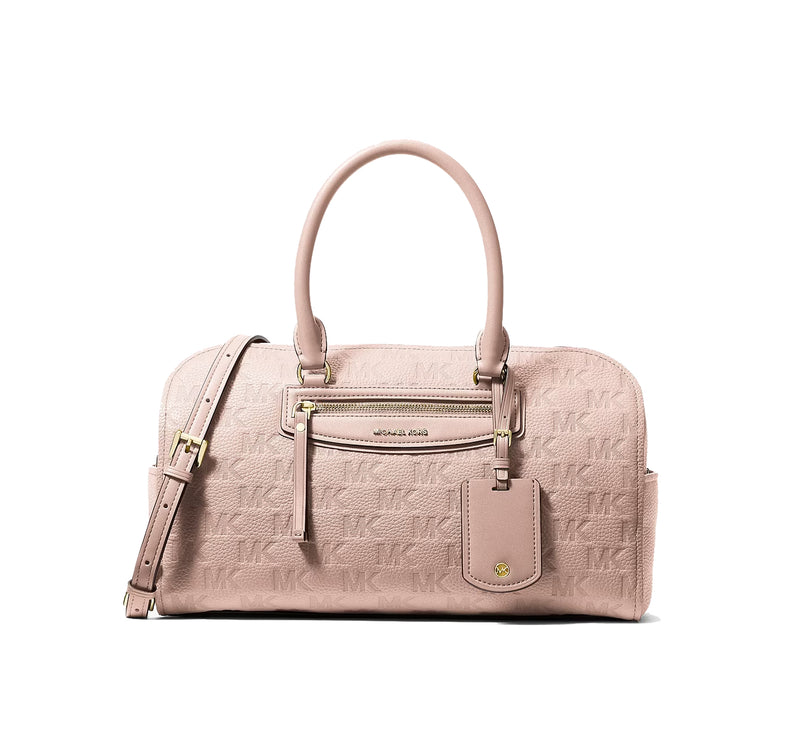 Michael Kors Women's Jet Set Travel Medium Logo Embossed Leather Duffel Crossbody Bag Soft Pink
