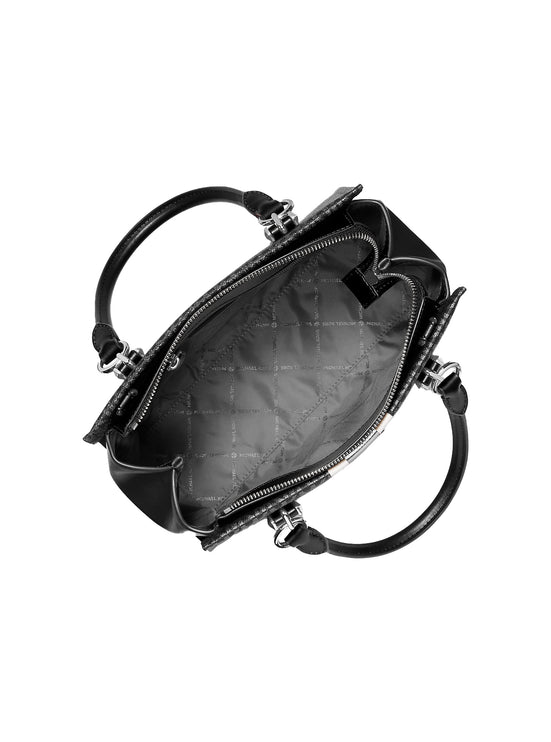 Michael Kors Women's Marilyn Medium Signature Logo Stripe Satchel Bag Black/Silver