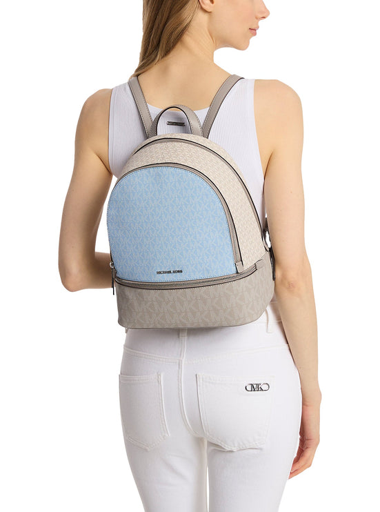 Michael Kors Women's Rhea Medium Color-Block Signature Logo Backpack Light Sky Multi