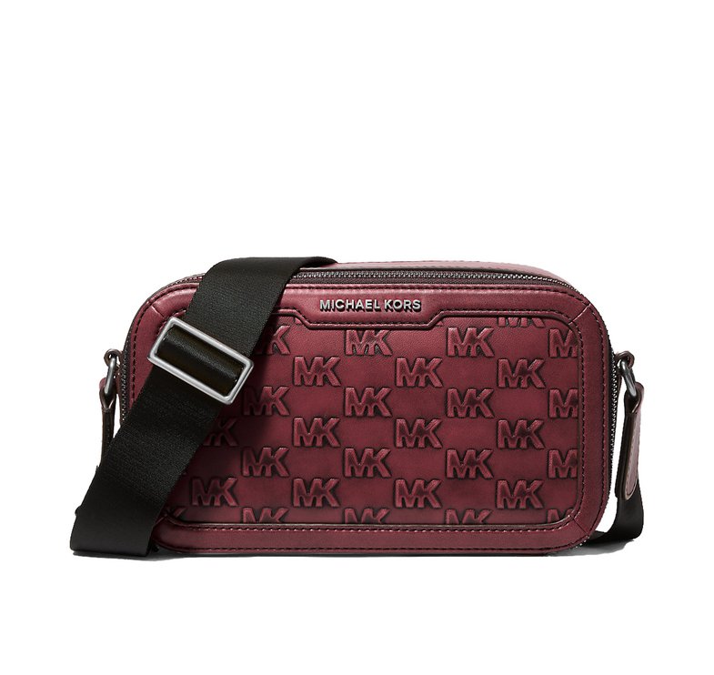 Michael Kors Men's Hudson Logo Embossed Burnished Leather Crossbody Bag Oxblood