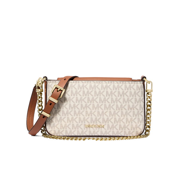 Michael Kors Women's Bryant Small Signature Logo Convertible Pochette Bag Vanilla/Acorn/Gold