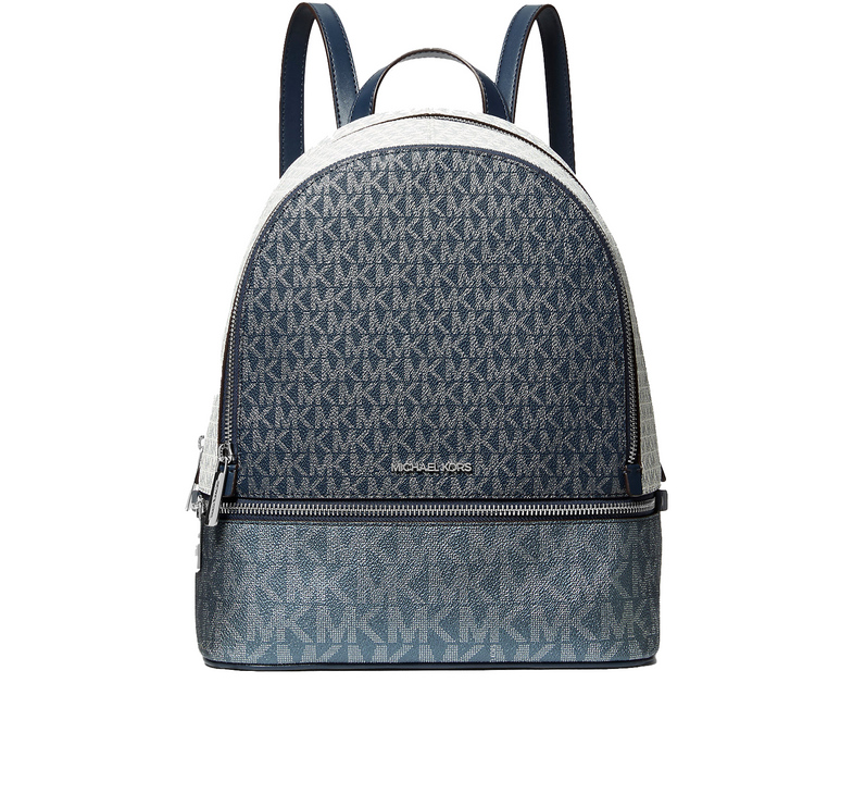 Michael Kors Women's Rhea Medium Metallic Signature Logo Backpack Navy/Silver