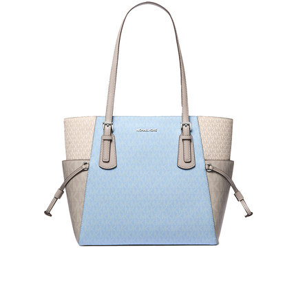 Michael Kors Women's Voyager Large Color-Block Signature Logo Tote Bag Light Sky Multi/Silver