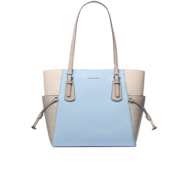 Michael Kors Women's Voyager Large Color-Block Signature Logo Tote Bag Light Sky Multi/Silver