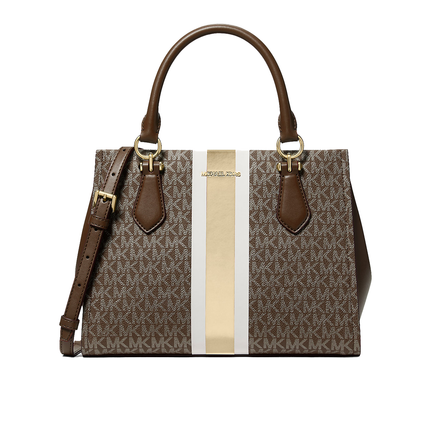Michael Kors Women's Marilyn Medium Signature Logo Stripe Satchel Bag Brown/Gold