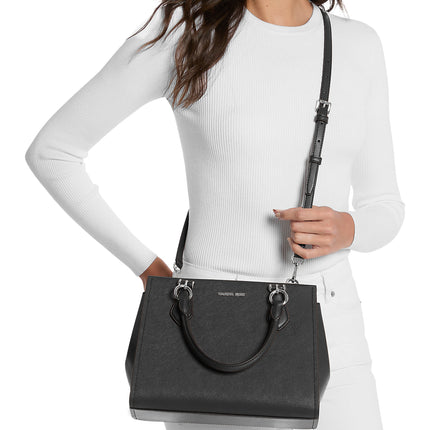 Michael Kors Women's Marilyn Medium Saffiano Leather Satchel Bag Black/Silver