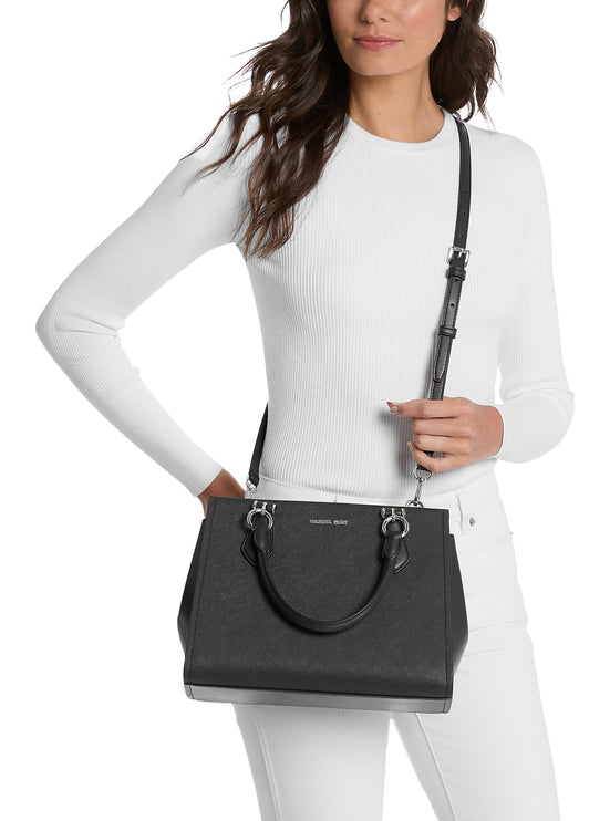 Michael Kors Women's Marilyn Medium Saffiano Leather Satchel Bag Black/Silver