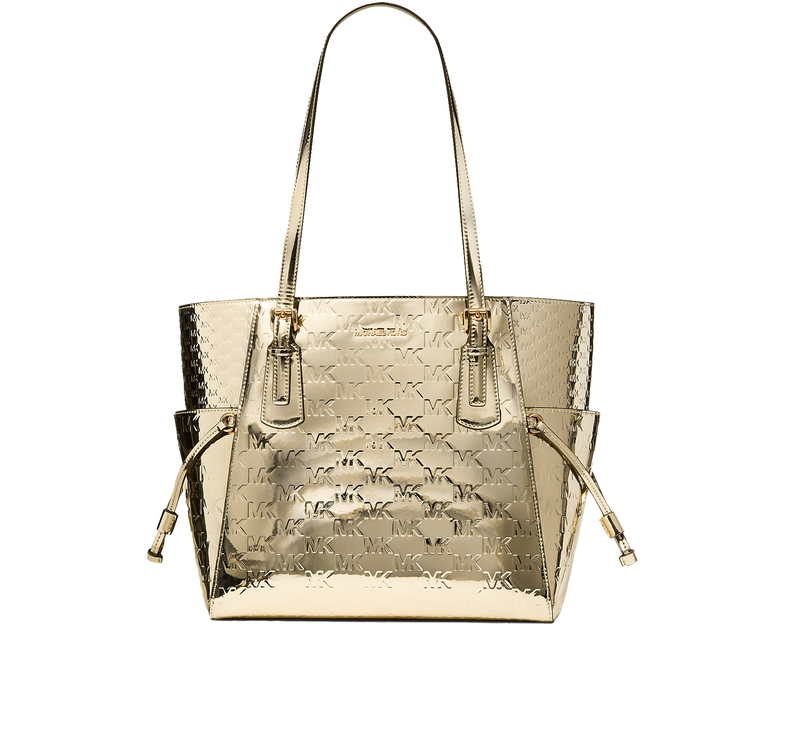 Michael Kors Women's Voyager Large Metallic Logo Debossed Tote Bag Pale Gold