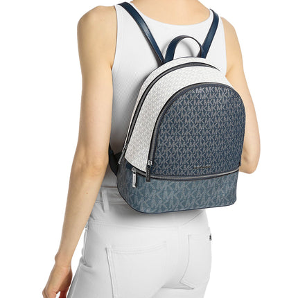 Michael Kors Women's Rhea Medium Metallic Signature Logo Backpack Navy/Silver